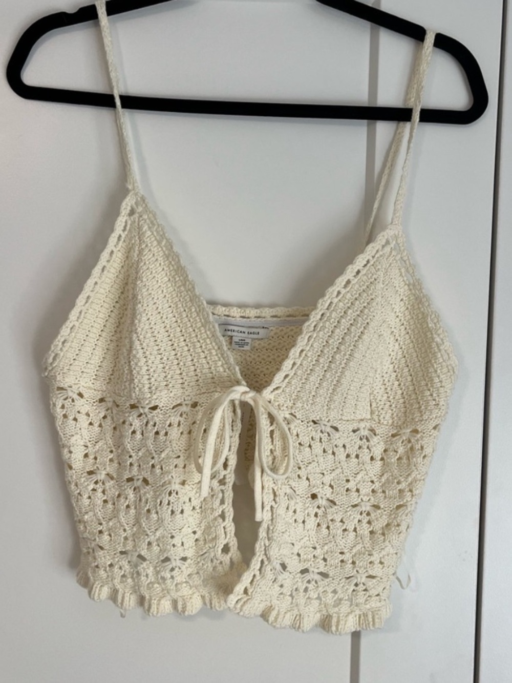 American Eagle Crochet Crop Top Tie Front V-Neck Camisole Cream NWT Size L